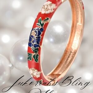 Vintage Cloisonne Red Floral Enamel Bangle Bracelet